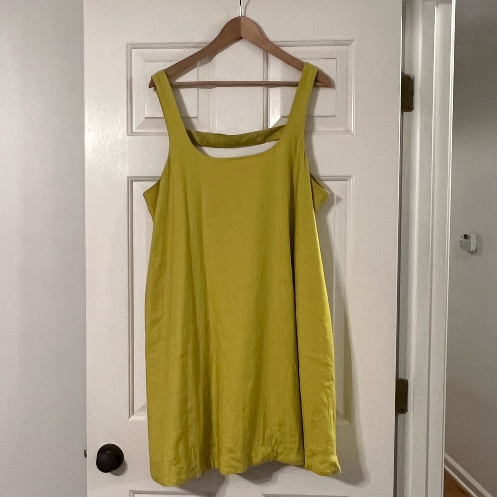 Anthropologie Mauve mini linen dress with pockets, lime green, XL